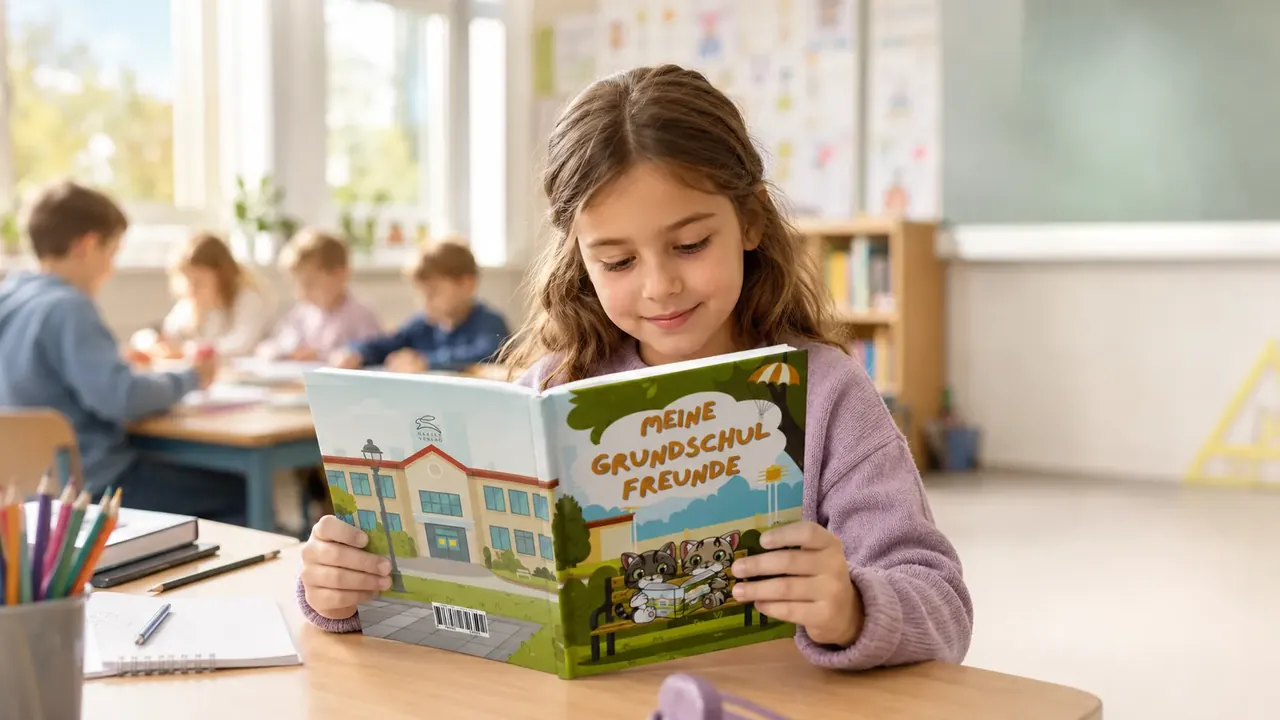 Freundebuch „Meine Grundschulfreunde“ im Grundschulalltag – Haasen Verlag Schulkind sitzt am Pult und blättert lächelnd im Freundebuch „Meine Grundschulfreunde – Katzen Edition“, im unscharfen Hintergrund die Klasse im Unterricht