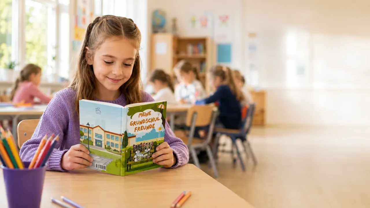 Meine Grundschulfreunde – Katzen Edition: Freundebuch für die Grundschule vom Haasen Verlag Grundschulmädchen liest am Schultisch im Freundebuch „Meine Grundschulfreunde – Katzen Edition“ vom Haasen Verlag, im Hintergrund Mitschülerinnen und Mitschüler im hellen Klassenzimmer